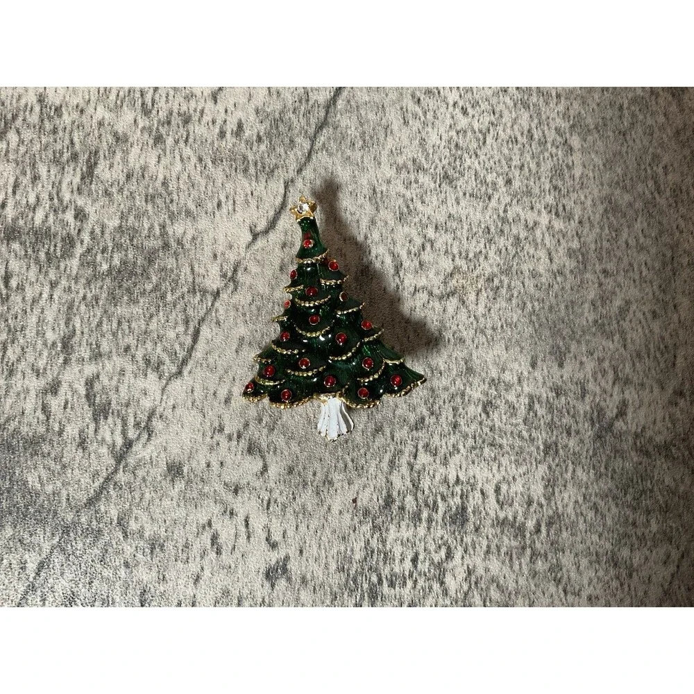 Vintage Christmas Tree Pin Brooch Green Red Gold Enamel Jewelry